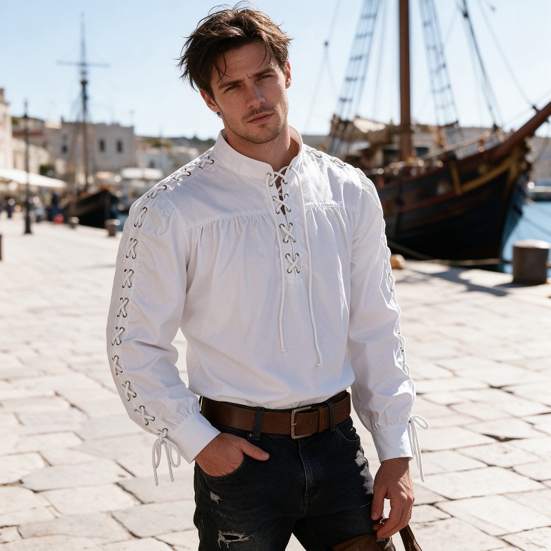 Medieval Gothic Lace Up Pirate Shirt - 남성용 중세 해적 스타일 셔츠, 르네상스